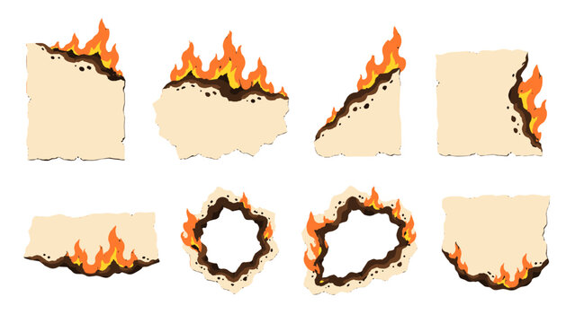 Set of burned paper edges and holes with flames vector