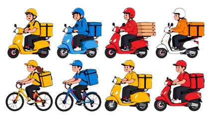 Set of delivery riders on scooters and bicycles illustration © Alan