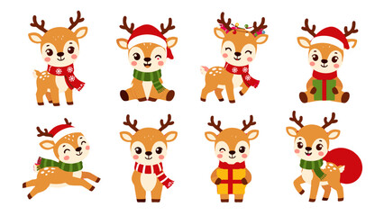 Cute Christmas reindeer cartoon set with gifts and scarves © Alan