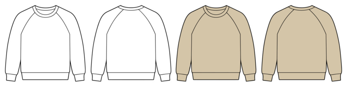 Raglan sleeve cotton-fleece sweatshirt technical fashion illustration, relaxed fit, long sleeves. Flat jumper apparel template front, back, white, beige color. Women, men sweatshirt top CAD