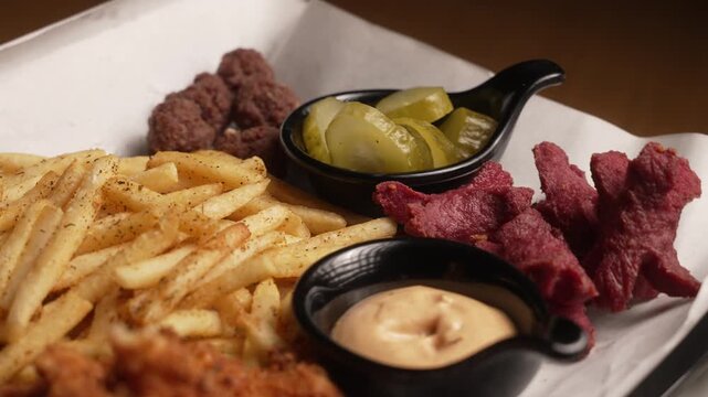 Appetizer combo plate with fried food, sauces, and pickles presented on a tray in a restaurant, fa01