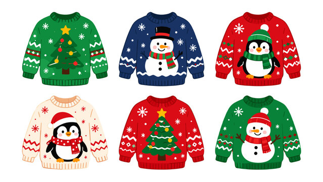 Set of festive winter sweaters with tree, snowman, and penguin