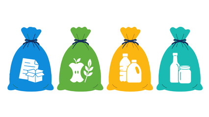 Plakat Colored recycling bags with paper, organic, plastic and glass icons