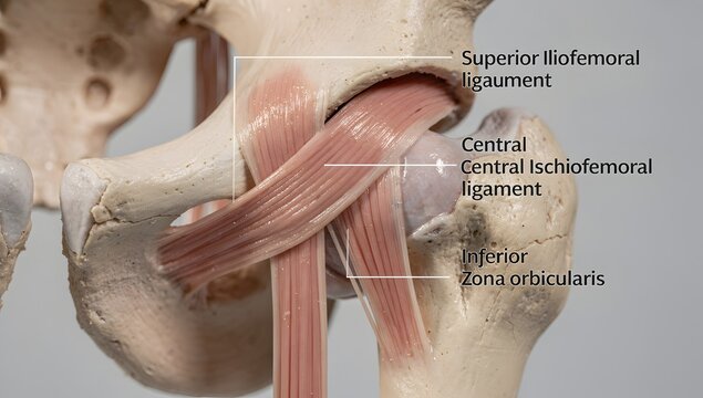 Dorsal hip capsule ligament chart with glowing connective bands and clear medical labeling space.