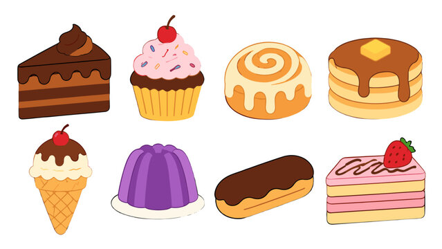 Cute dessert icon set with cakes, cupcake, ice cream and eclair