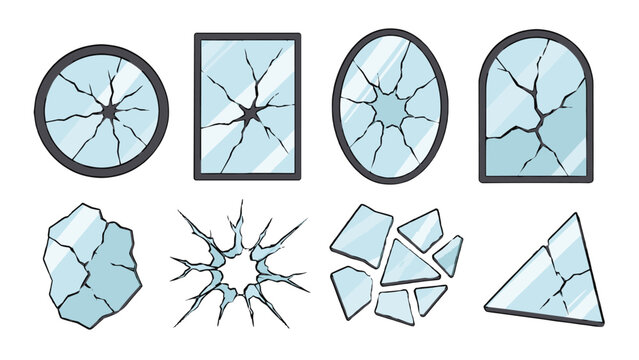 Set of cracked glass windows and shattered fragments vector