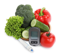 Diabetes. Fresh products, digital glucometer and lancet pen isolated on white © New Africa
