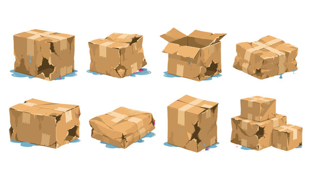 Set of damaged cardboard boxes in different shapes and conditions