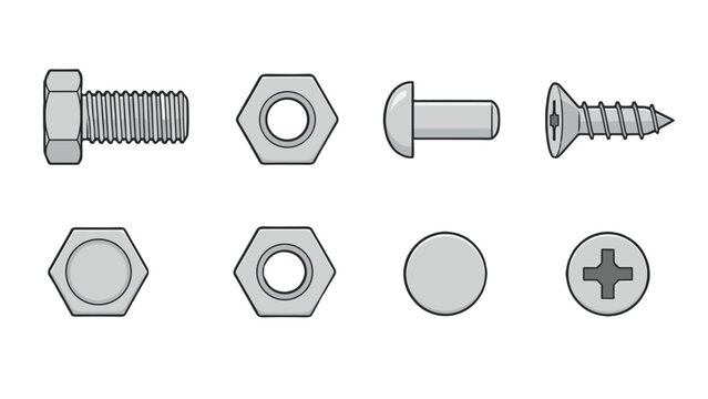 Set of bolt nut rivet and screw technical vector icons