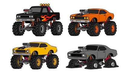 Set of cartoon monster trucks with oversized tires © Alan