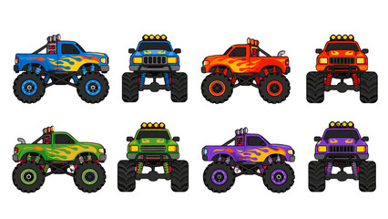 Colorful monster truck set with side and front views © Alan