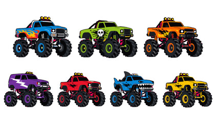 Set of colorful monster trucks in cartoon vector style © Alan