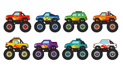 Set of colorful cartoon monster trucks with flame decals © Alan
