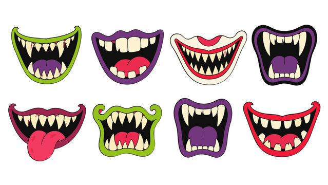 Set of cartoon monster mouths with sharp fangs and tongues