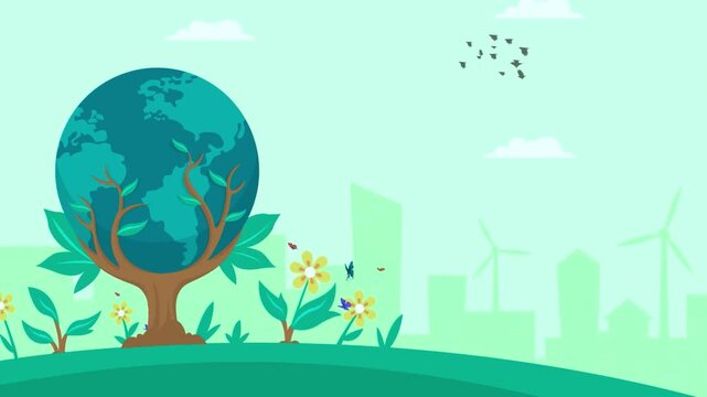 Earth Day Tree Growing from Globe with Blooming Flowers in Sunny Landscape Illustration