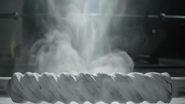 White powder falling on a rotating metal spiral bar. Industrial mixing process with particulate dispersion. Manufacturing equipment testing with fine material