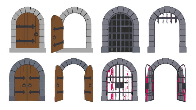 Set of medieval arched doors and prison gates in stone frames