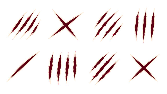 Set of red scratch and slash mark symbols on white background
