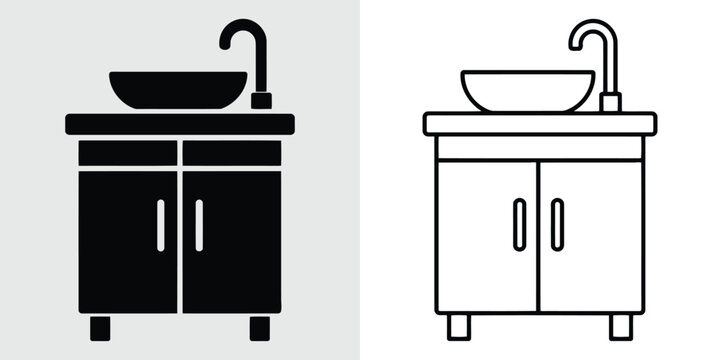 Bathroom vanity cabinet with vessel sink and faucet icon set