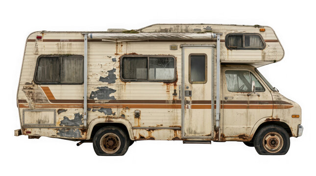 Weathered old recreational vehicle camper van as PNG cutout isolated on transparent background