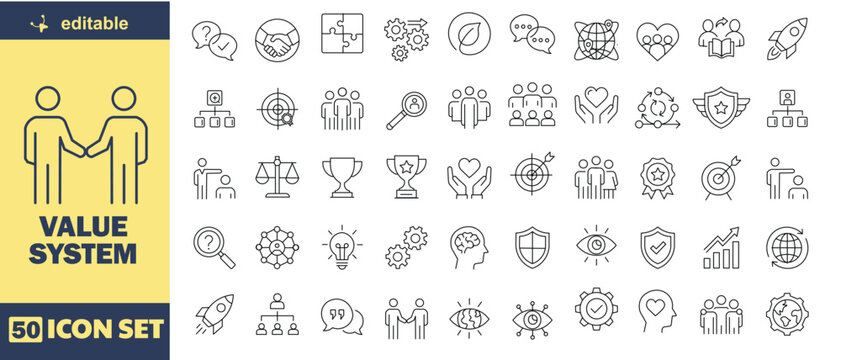 Value System Line Icon Set &ndash; Corporate Values, Leadership, Teamwork, Integrity and Business Culture Outline Vector Collection