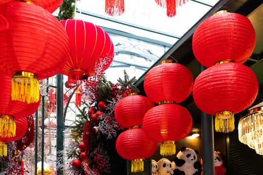 The street is decorated with Chinese red lanterns. Chinese New Year. National Chinese New Year decorations. Traditional red lanterns on the streets. Chinese paper lantern.
