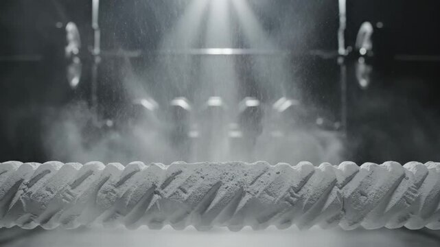 White powder falling onto a textured industrial roller. Manufacturing process featuring material application or cleaning in an automated machinery system facility