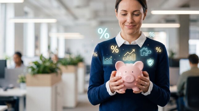 Person holding piggy bank with floating percentage and finance icons
