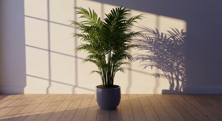 Fototapeta premium Potted Palm Plant Standing in Sunlight against White Wall with Window Shadows in Modern Interior; Minimalist Home Decor Aesthetic