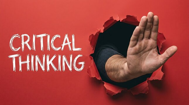 Critical thinking education concept with human hand reaching through torn red paper hole displaying stop gesture for analytical mindset