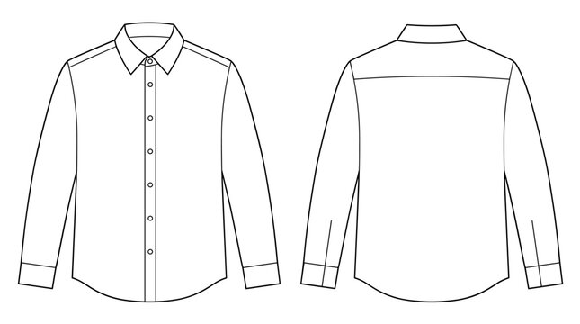standard dress mens shirt flat sketch vector illustration basic formal long sleeve office wear shirt front and back technical cad drawing template