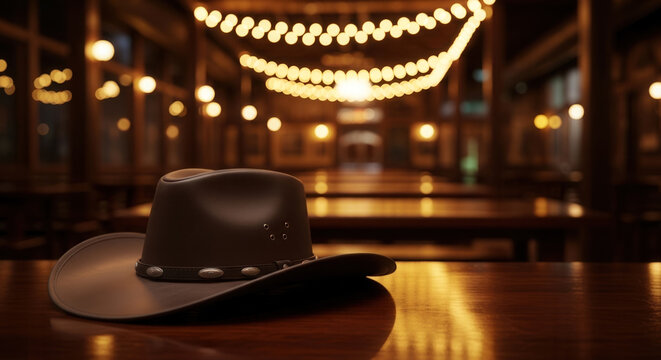 Dark brown cowboy hat on a glossy wooden table inside a rustic saloon, Western culture and country lifestyle.