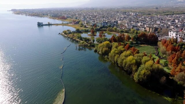 Aerial View of Dali, Yunnan with Erhai Lake and Mountains in Background