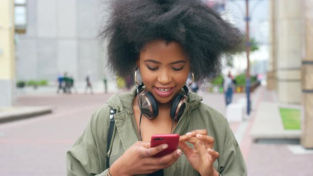 Woman, student and phone with texting in city at campus with smile, check notification or online dating. Gen z girl, happy and scroll with mobile app, contact and post on social media at college