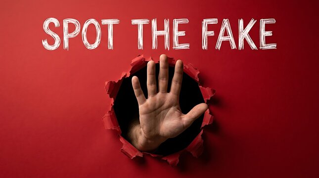 Hand emerging from torn red paper hole with spot the fake text illustrating misinformation defense fraud detection and truth concept