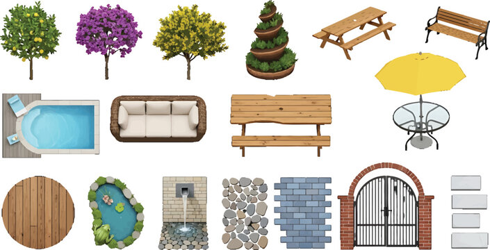 Garden and backyard landscape design elements set with trees furniture pool fountain and decorative stone wall textures