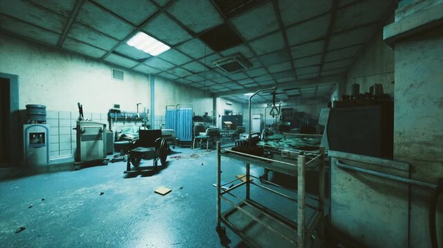gloomy hospital interior with wheelchair at center, dim blue lighting and long shadows, cracked ceiling and scattered medical carts, unsettling quiet