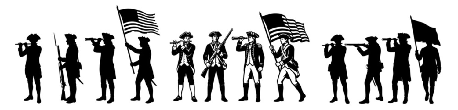 American Revolutionary War Soldiers Silhouette Icon Set - Tricorn Hat Fifer, Rifleman, Officer with Spyglass, Flag Bearer