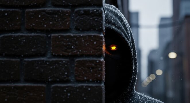 Mysterious Hooded Figure with Glowing Eye Peeking Behind Brick Wall in Rainy Urban Alley - Cyber Security and Suspense Concept