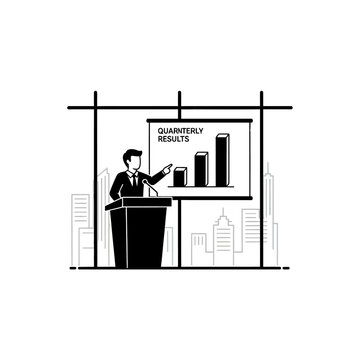 Businessman presenting quantitative results on bar chart display.