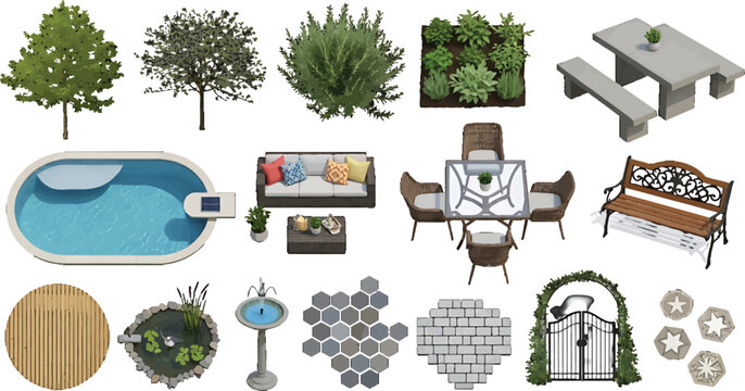 Garden landscape design elements set with furniture trees swimming pool and paving stones in vector illustration