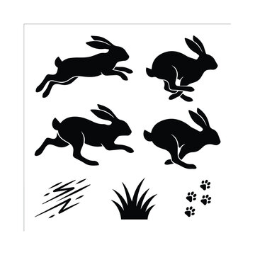 Collection of running rabbit silhouettes and footprints