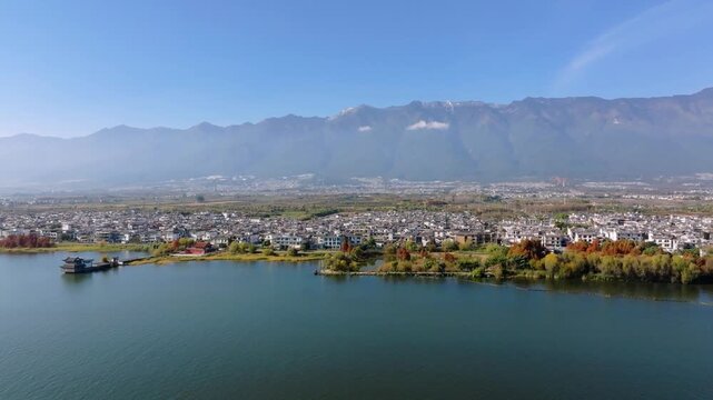 Aerial View of Dali, Yunnan with Erhai Lake and Mountains in Background