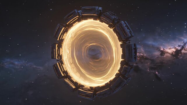 A futuristic circular space portal glowing with golden energy against a cosmic background.