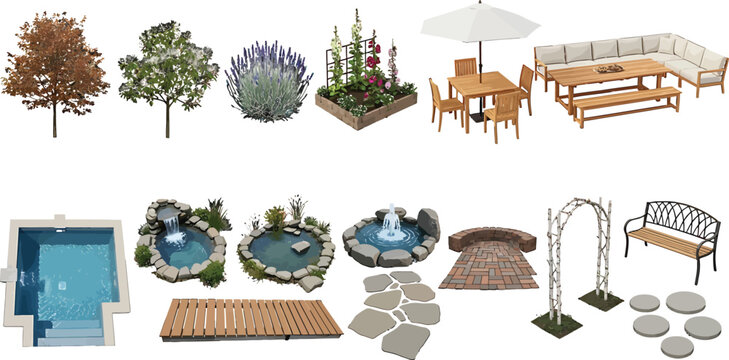 Garden landscape design elements set with trees, patio furniture, water features, and stone pathways in vector format