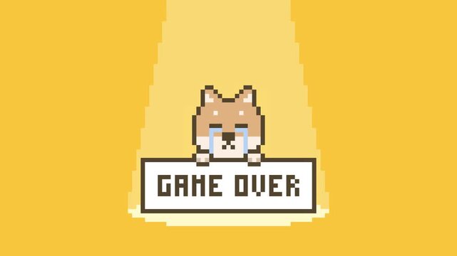 Game Over Screen of Pixel Art Shiba Inu on Orange Background, Loop