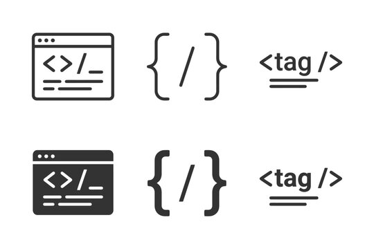 Web development icons set: code editor, brackets, tags in minimalist style.