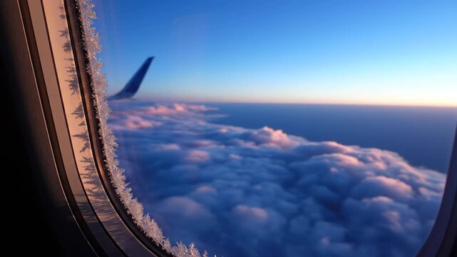 Airplane window view with frost patterns covering the glass. Clouds and horizon visible above the sky during sunrise. Air travel and transportation atmosphere
