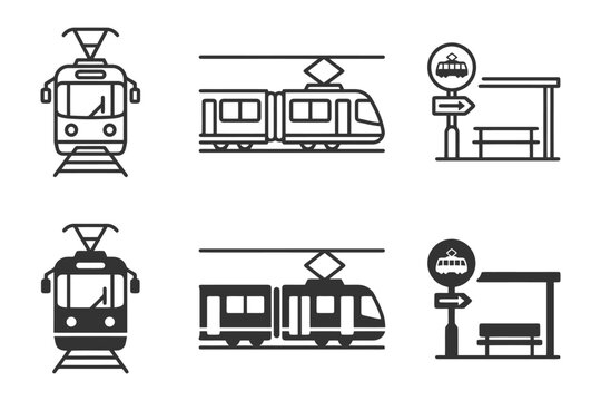 Urban tram icons: front view, side view, stop signage, bench illustrations.