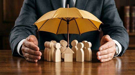 Fototapeta premium Corporate leader protecting employee group and workplace under golden umbrella symbolizing business insurance, team security, and human resources care